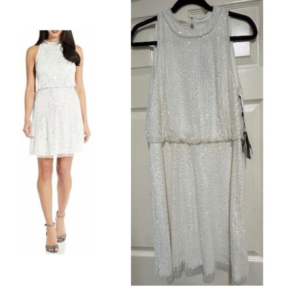 Adrianna Papell Sequin Embellished Blouson Dress White Size 10 NWT - Picture 5 of 7